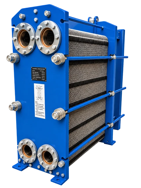 Industrial plate heat exchanger photographed in the workshop